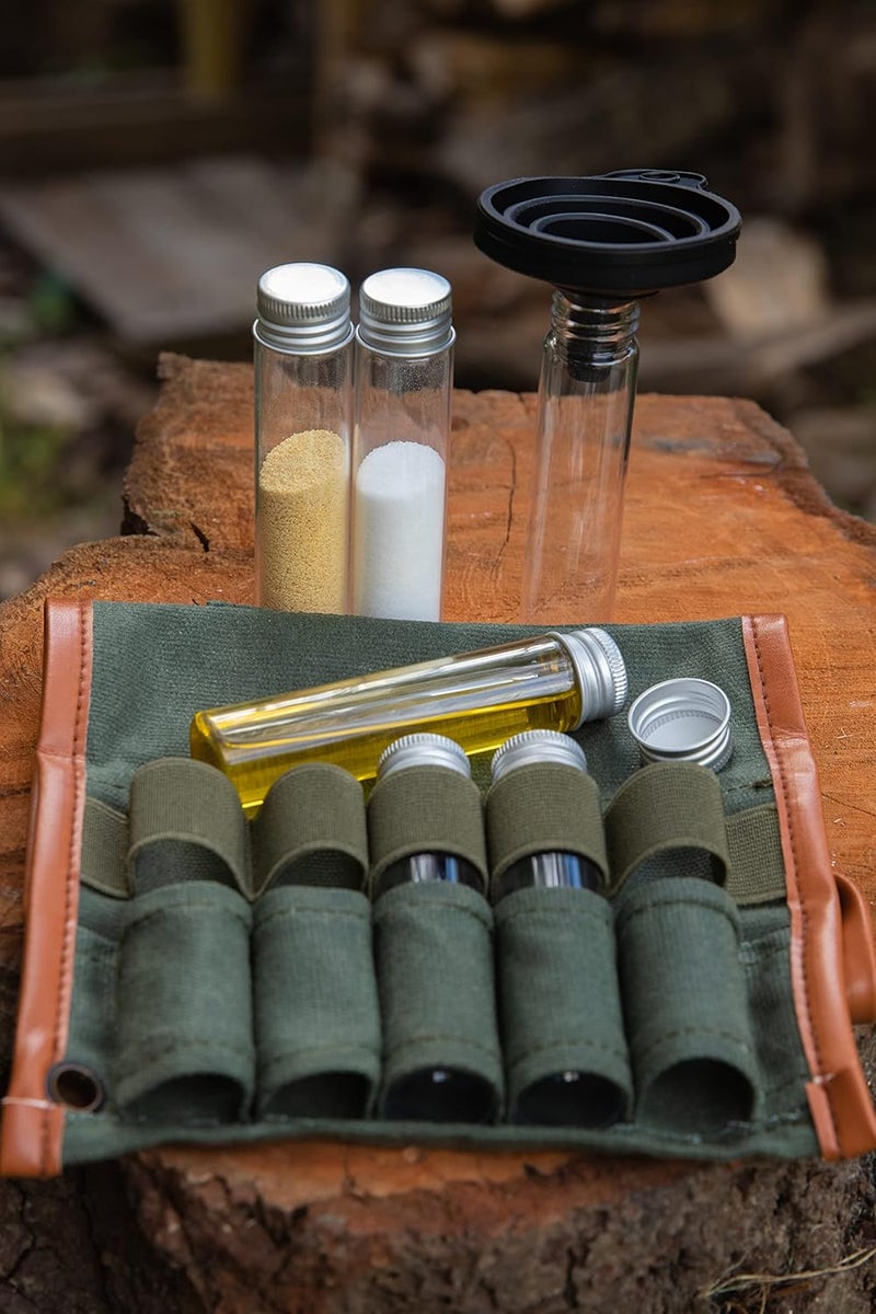 BLEEKER RWE Bushcraft Camping Spice Kit Portable with Glass Jars, Funnel and Carabiner Great for Backpack and Travel Glamping Camping Gifts - Image 4